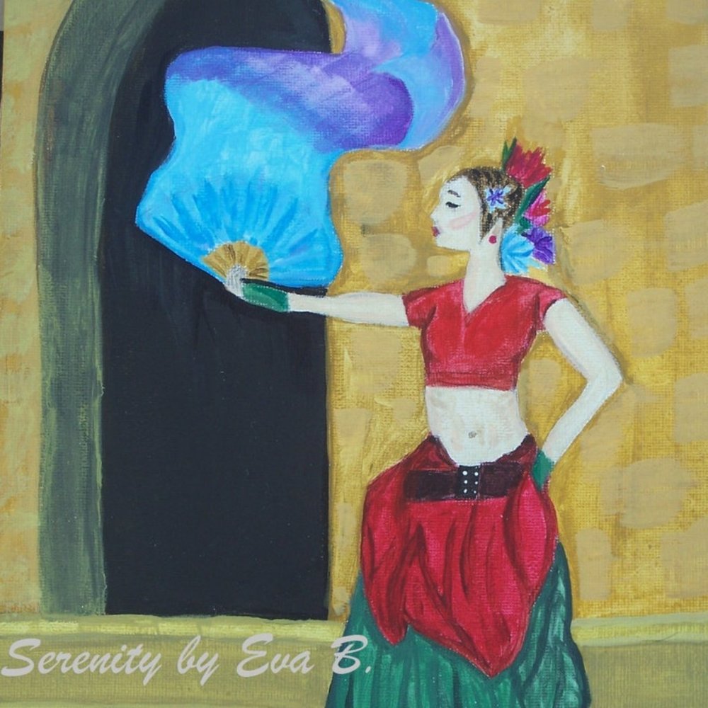 Painting Of Belly Dancer With Purple and Blue Fan and Red and Green Dress 8x10